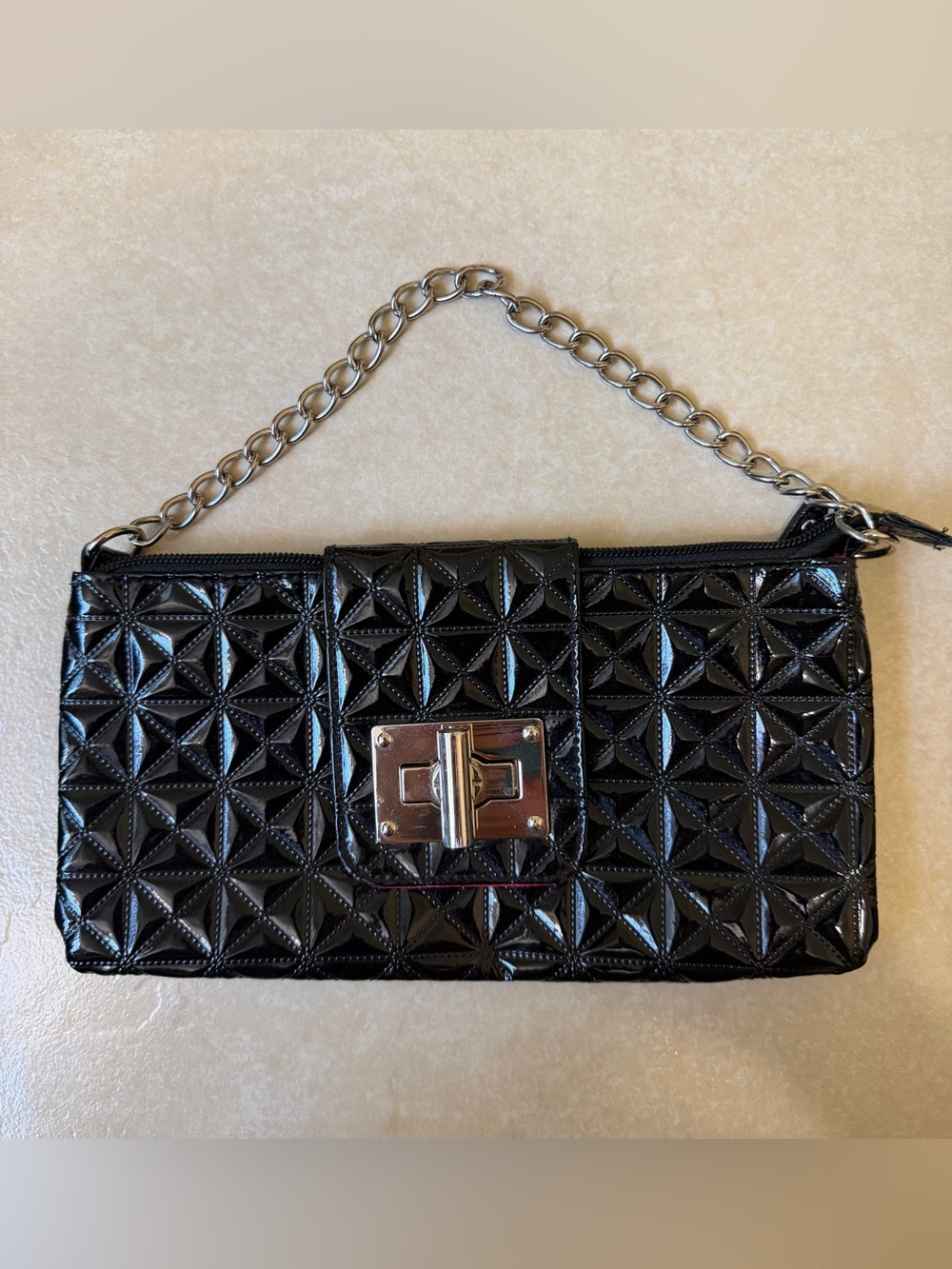 GIANNINI Black Patent Faux Leather Clutch Bag Pink Lining Geometric Chain Strap